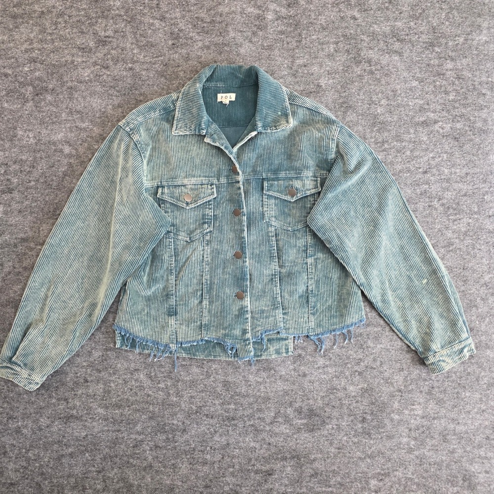 POL Jacket Womens Small Green Corduroy Distressed Cotton Raw Hem Casual